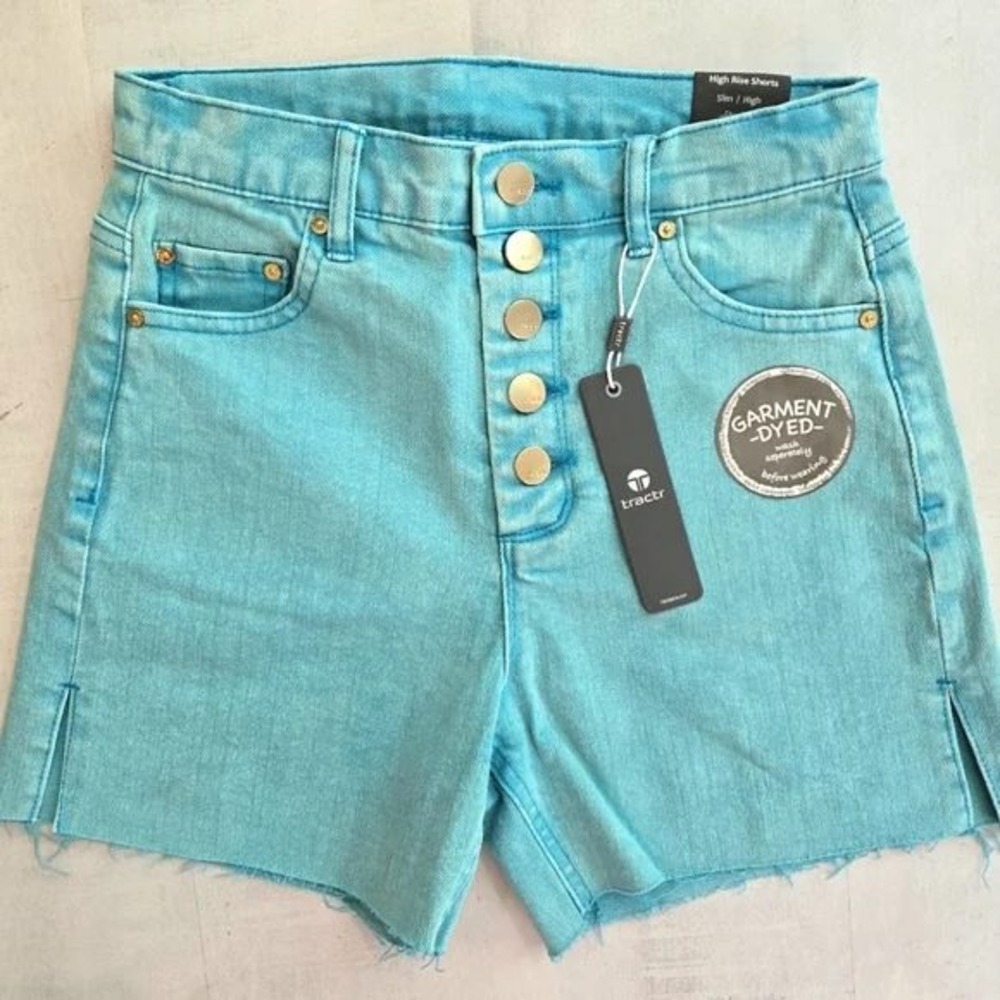 Tractr High Rise Denim‎ Shorts Button Fly Raw Hem Turquoise Sz 6 (28"x4") #7125